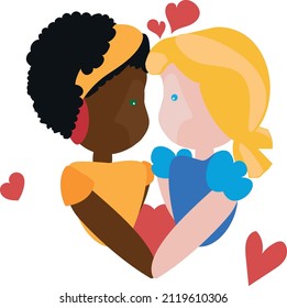 A young afro girl with black curly hair looks in love and hugs a caucasian woman with blonde hair in a heart shape with red hearts around