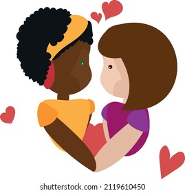 A young afro girl with black curly hair looks in love and hugs a brunette girl in a heart shape with red hearts around