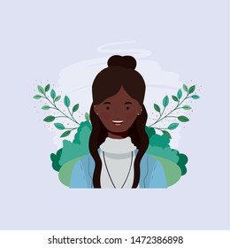 young afro girl in the camp with leafs