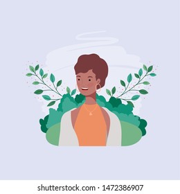 young afro girl in the camp with leafs