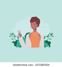 young afro girl in the camp with leafs