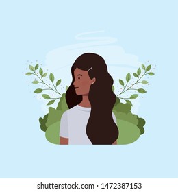 young afro girl in the camp with leafs