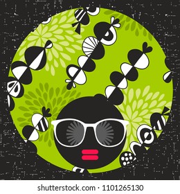 Young afro girl with dark skin and creative turban on her head. Vector illustration with female portrait. Abstract woman face.