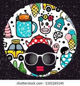 Young afro girl with dark skin and creative turban on her head. Vector illustration with female portrait. Abstract woman face.