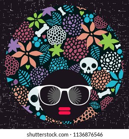 Young afro girl with dark skin and creative turban on her head. Vector illustration with female portrait. Abstract woman face.