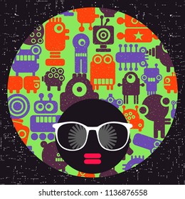 Young afro girl with dark skin and creative turban on her head. Vector illustration with female portrait. Abstract woman face.