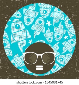 Young afro girl with dark skin and creative turban on her head. Vector illustration with female portrait. Abstract woman face.