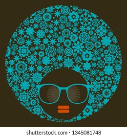 Young Afro Girl With Dark Skin And Creative Turban On Her Head. Vector Illustration With Female Portrait. Abstract Woman Face.