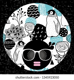Young afro girl with dark skin and creative turban on her head. Vector illustration with female portrait. Abstract woman face.