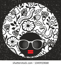 Young afro girl with dark skin and creative turban on her head. Vector illustration with female portrait. Abstract woman face.