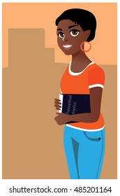 Young afro girl with theoretical physics textbook. Cartoon style. Vector illustration. 