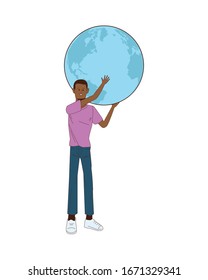 young afro man avatar lifting world planet character vector illustration design