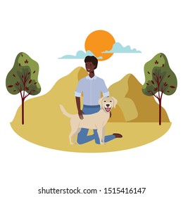 young afro man with cute dog mascot in the camp