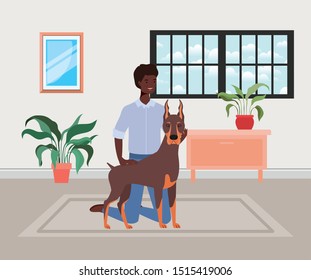 young afro man with cute dog mascot in the house room