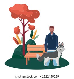 young afro man with cute dog in the park scene vector illustration design