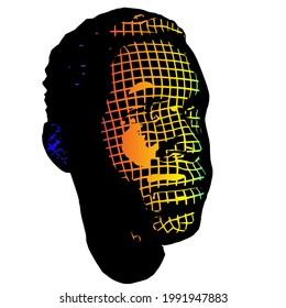 Young afro man face portrait. 3d greed wireframe head vector illustration