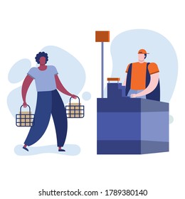 young afro man with shoppings basket in sale point vector illustration design