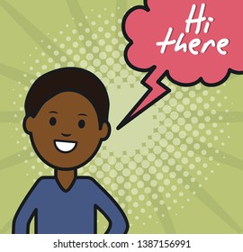 young afro man and speech bubble with hi there messague