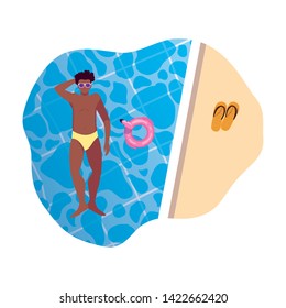young afro man with swimsuit floating in water