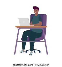 joven afro hombre usando portátil en el escritorio aprendizaje en línea diseño de ilustración vectorial