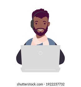 young afro man using laptop and headset online learning vector illustration design