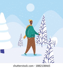 young afro man wearing winter clothes in snowscape character vector illustration design