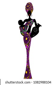 A young Afro mother carrying baby being. Silhouette of a beautiful African woman with a Turban and amphorae. Traditional Kente head wrap African. African ethnic Ankara dress. Vector isolated or white