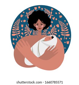 Young Afro mother hugging her baby with care and love while he sleeps. Mother’s Day. Mothering Sunday. Hand drawn. Vector flat illustration