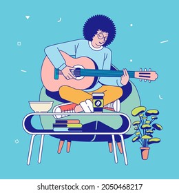 A young afro musician playing guitar while singing, sitting on the couch and desk in front of him vector illustration. used for poster, social media image, music album cover and other