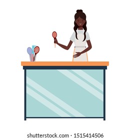 young afro stylist working in information desk