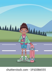 young afro teenager girl with skate board in the road character vector illustration design
