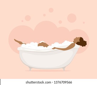 Young afro woman in bathtub with bubbles in pink bathroom, illustration.