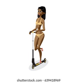 Young afro woman in a bikini is riding a kick scooter. The girl runs a roller on the beach. Vector isolated flat cartoon illustration