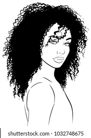 Young afro woman with black curly hair
