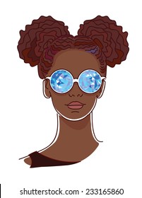 Young afro woman with blue kaleidoscopic glasses