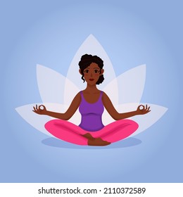 Young afro woman with curly hair practice yoga pose sitting on floor in lotus pose sakhusana