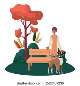 young afro woman with cute dog in the park scene vector illustration design