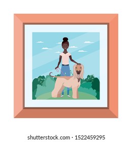 young afro woman with cute dog in picture vector illustration design