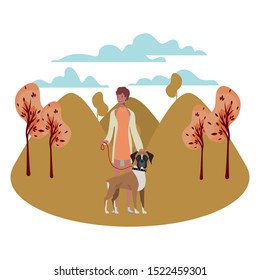 young afro woman with cute dog in the field vector illustration design