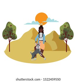 young afro woman with cute dog in the field vector illustration design