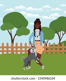 young afro woman with cute dog in the field vector illustration design
