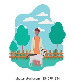 young afro woman with cute dog in the field vector illustration design