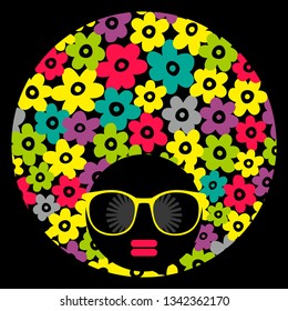 Young afro woman with dark skin and creative turban on her head. Vector illustration with female portrait. Abstract girl face.