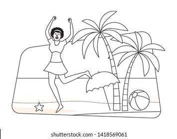 Young afro woman enjoying summer in the beach scenery vector illustration graphic design