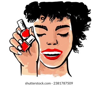 Young afro woman face with hand and nail polish.