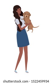 young afro woman lifting cute dog mascot characters vector illustration design