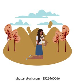 young afro woman lifting cute dog in the field characters vector illustration design