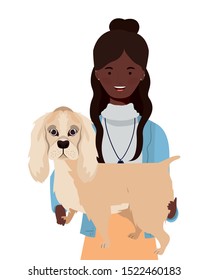 young afro woman lifting cute dog mascot characters vector illustration design