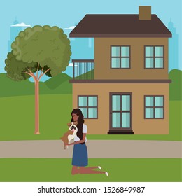 young afro woman lifting cute dog outdoor the house vector illustration design