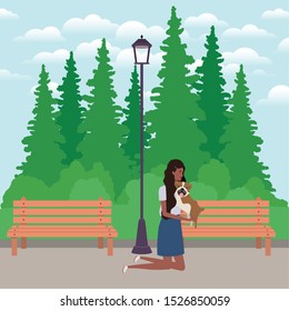 young afro woman lifting cute dog in the park vector illustration design